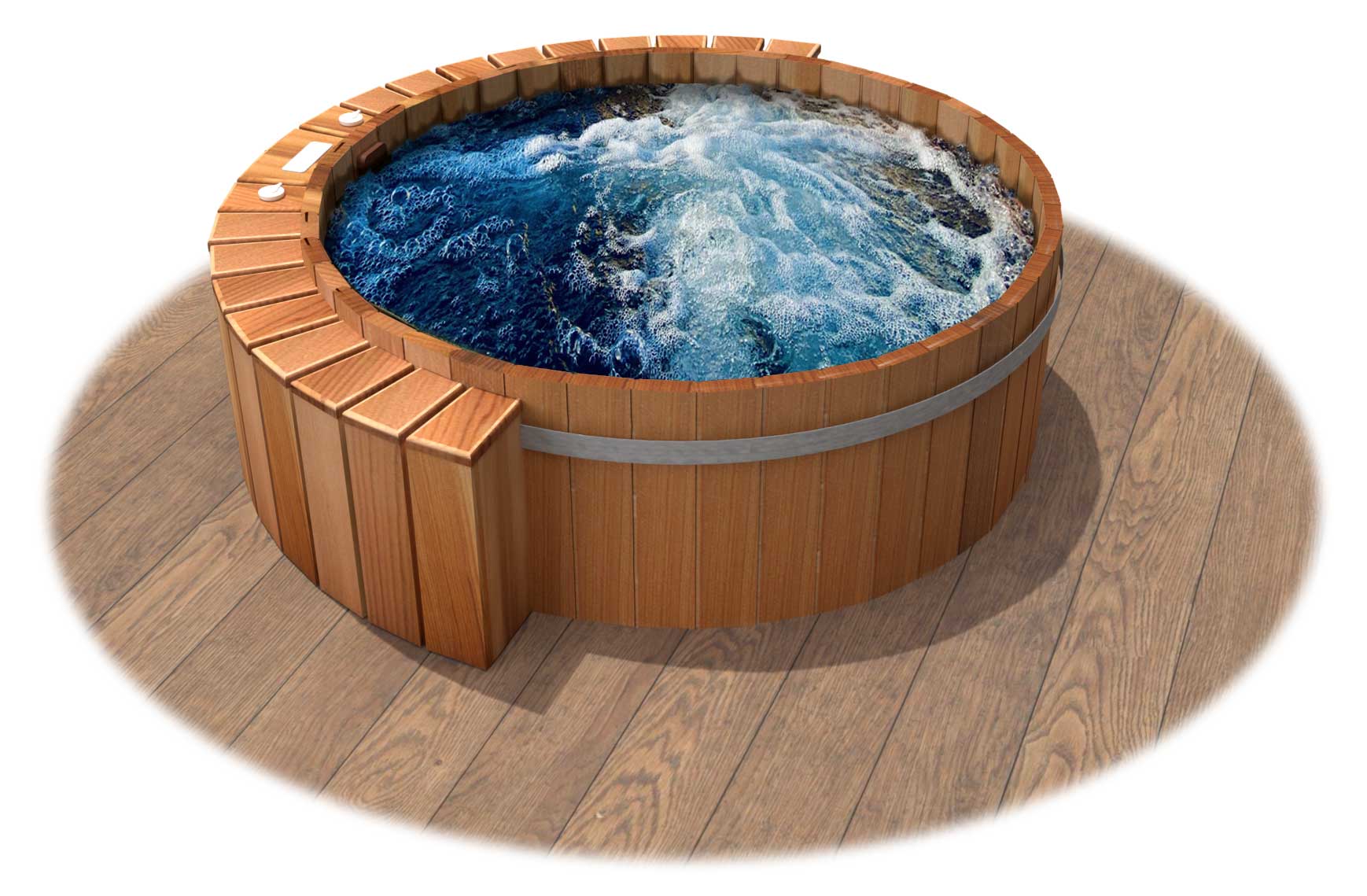 Cedar Wood Hot Tub semi-recessed with jets on