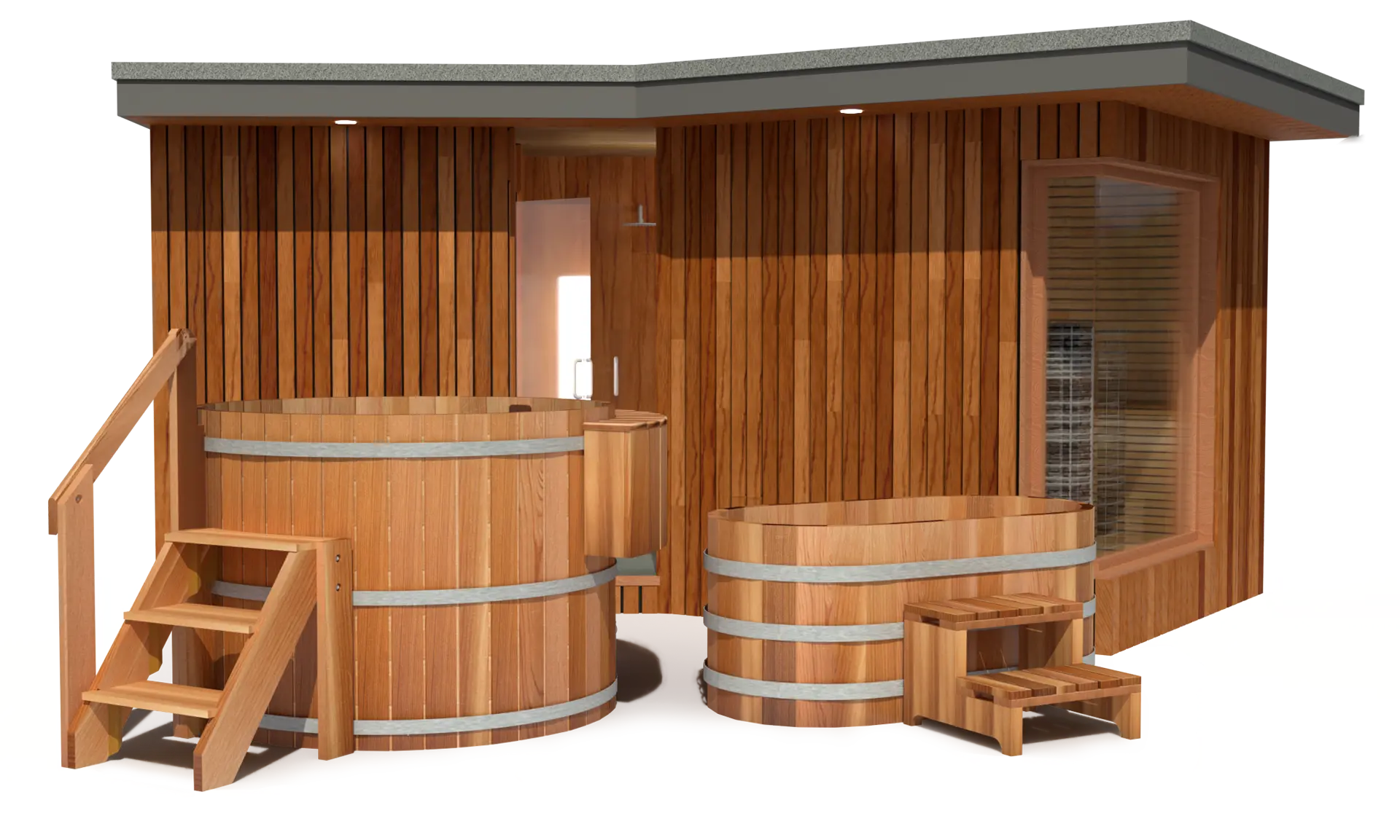 Gable+ Sauna and the Classic and Ofuro Hot Tubs